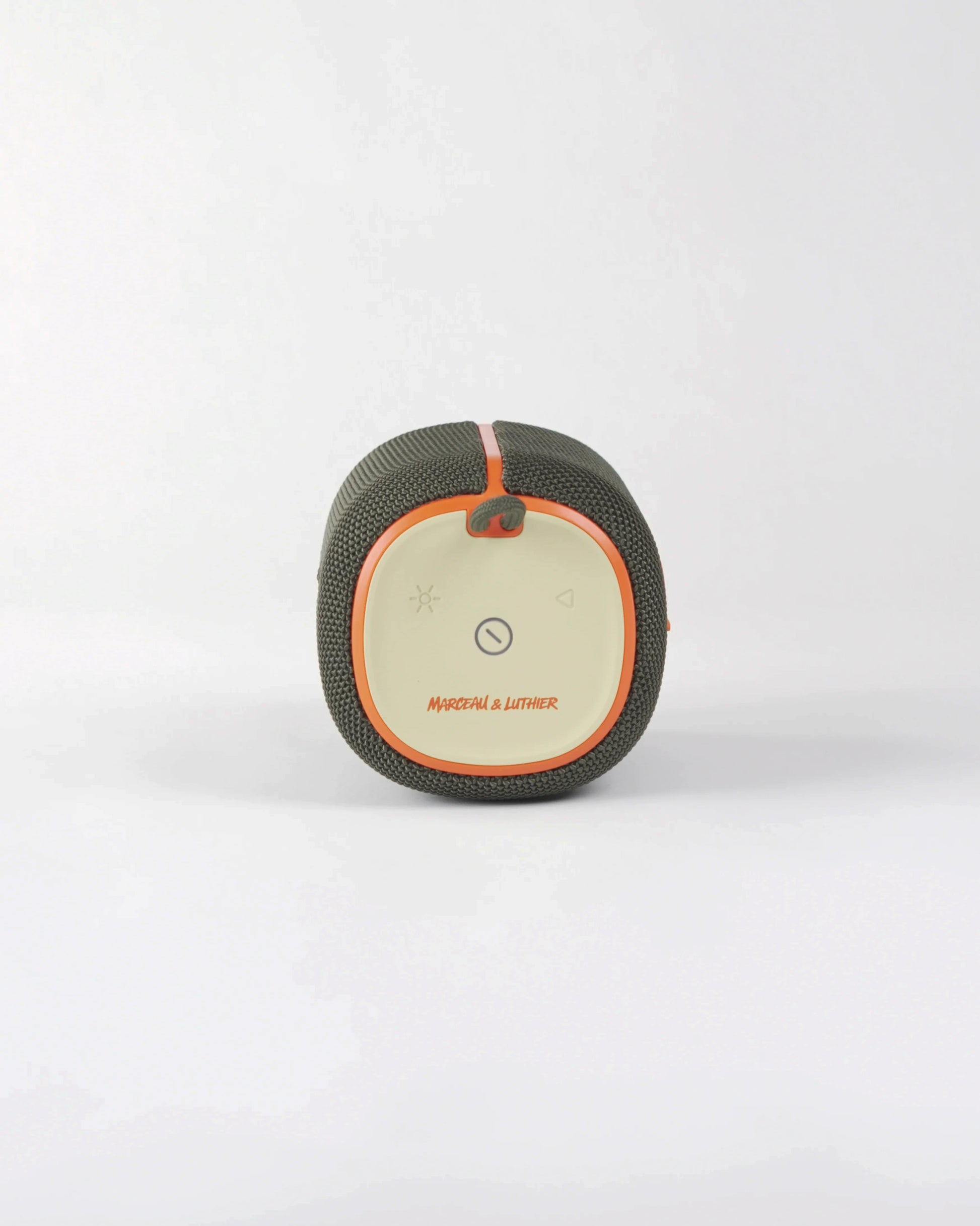 Top control interface of the Belleville speaker featuring touch icons and the Marceau & Luthier graffiti-style signature.