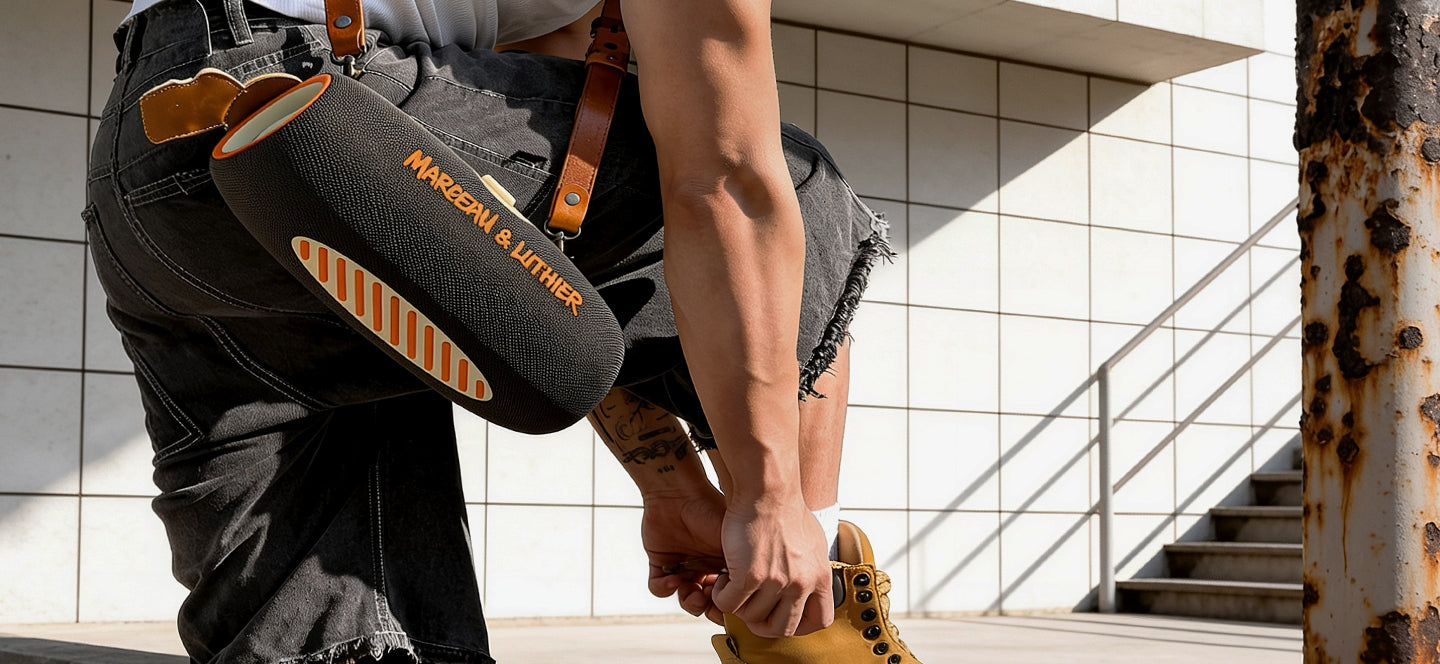 Close-up of a person tying their boot with a black and orange Marceau & Luthier RIVE DROITE portable bluetooth speaker attached to a leather strap over their shoulder.